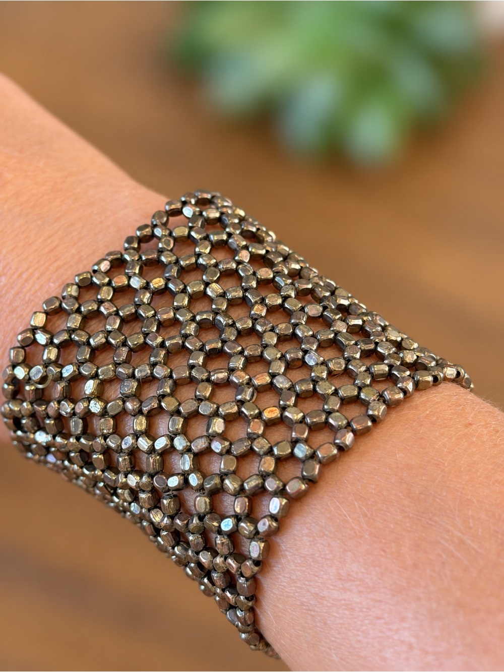 Metallic Bronze Elastic Stretch Mesh Wide Cuff Bracelet Statement Jewelry